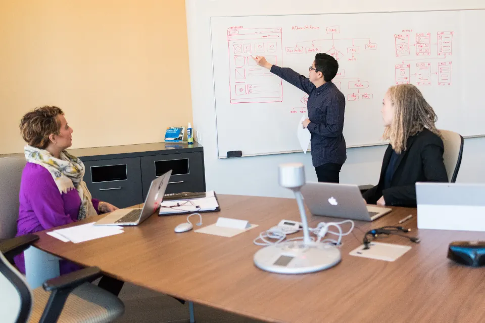 A team planning a project together at a whiteboard