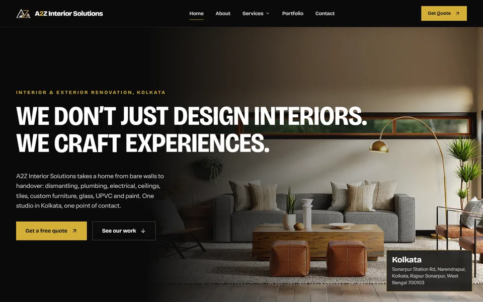 A2Z Interior Solutions homepage hero with a styled living room