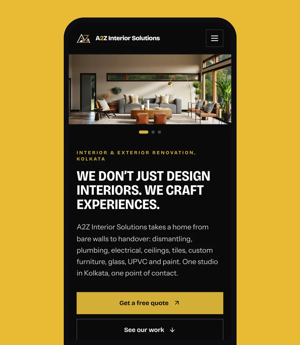 A2Z Interior Solutions homepage on a phone