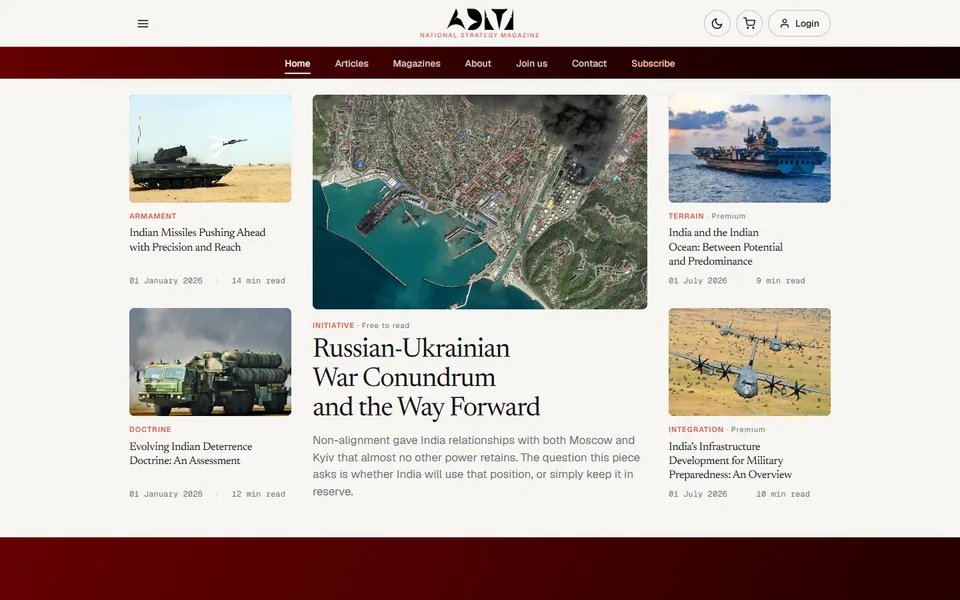 ADITI National Strategy Magazine homepage with featured defence articles