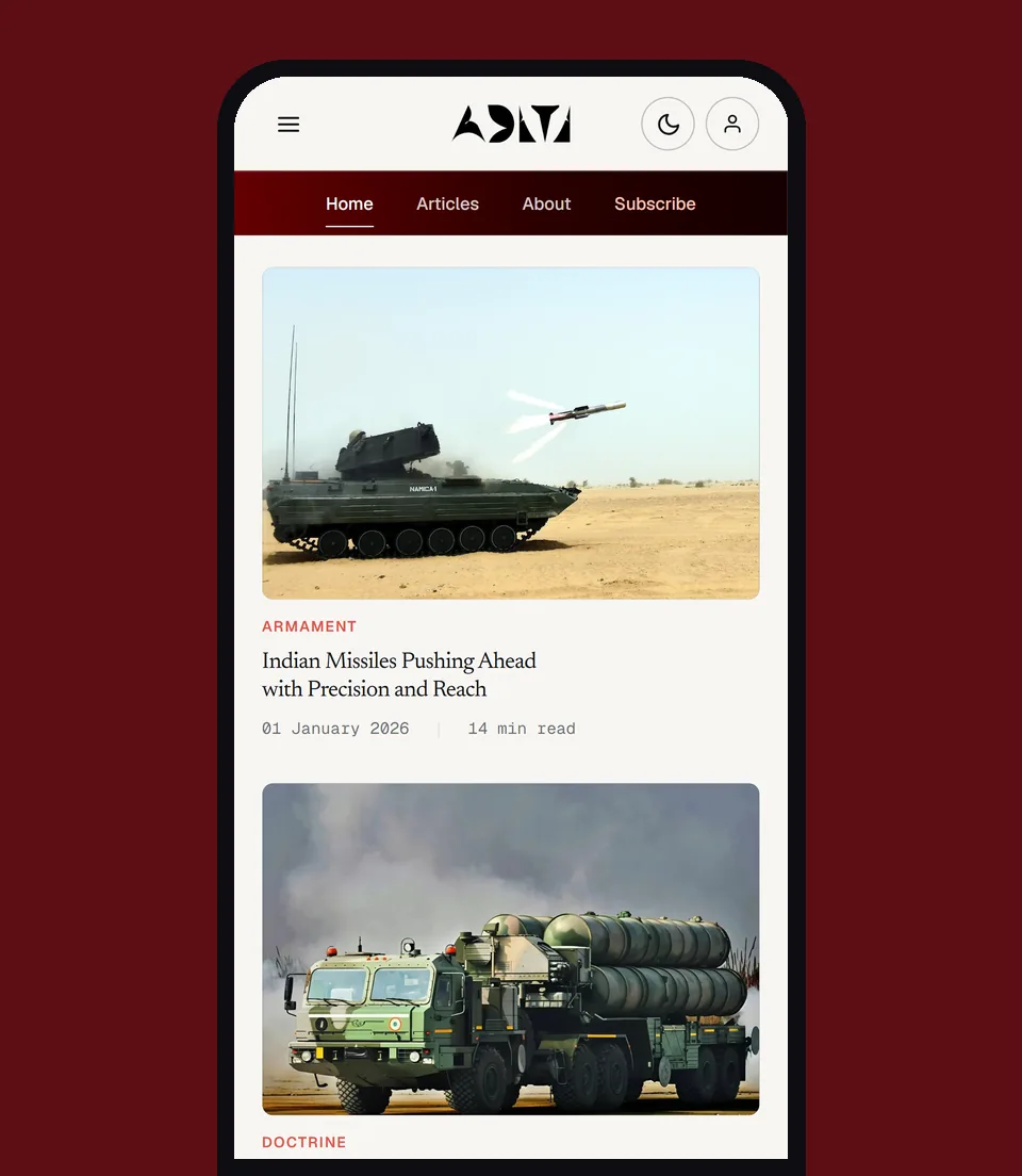 ADITI homepage on a phone, showing article cards with photos