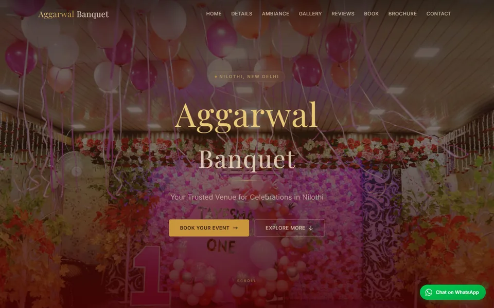 Aggarwal Banquet homepage hero with a decorated celebration hall