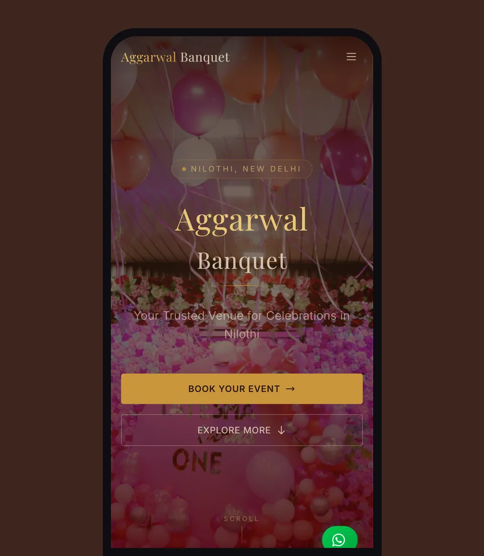 Aggarwal Banquet homepage on a phone with the Book your event button
