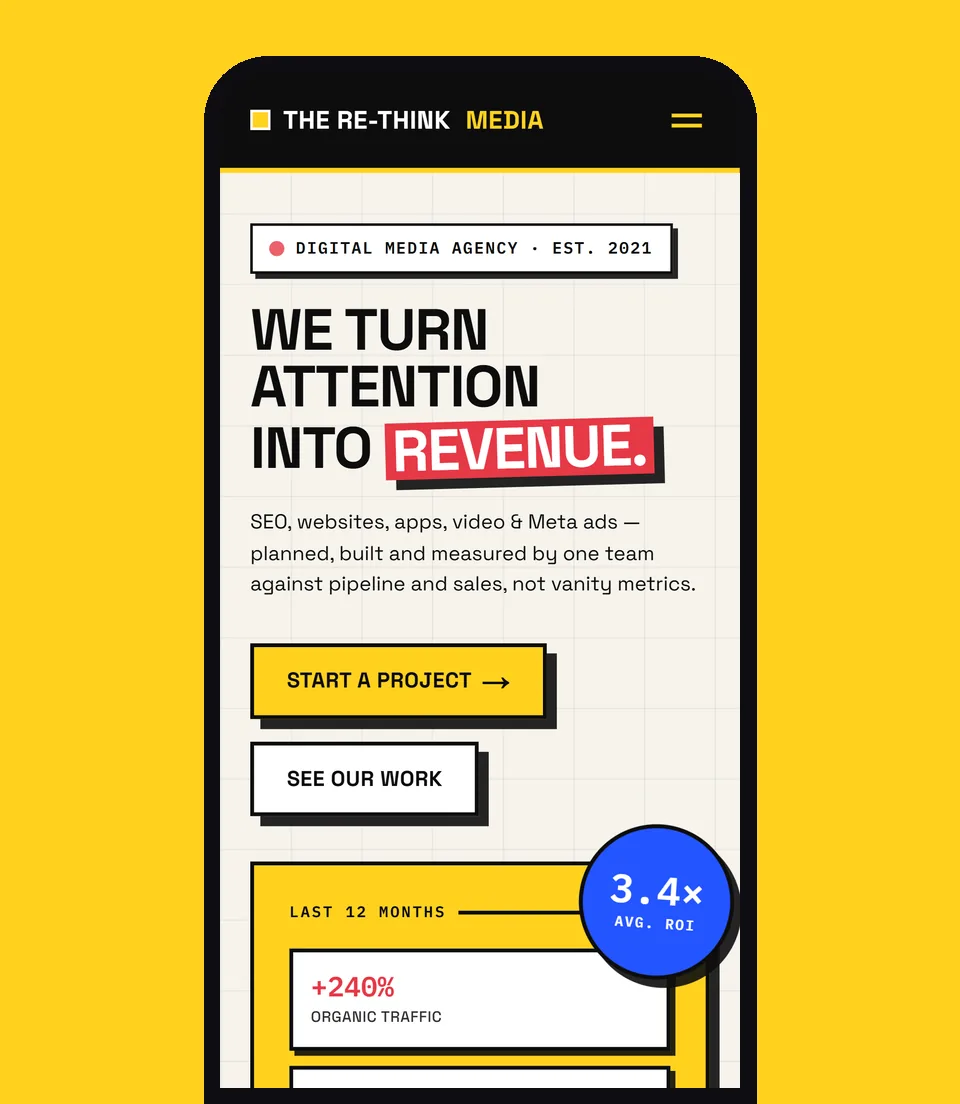 The Re-Think Media homepage on a phone